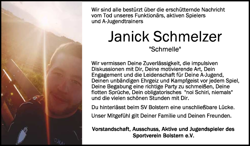  Traueranzeige für Janick Schmelzer vom 16.01.2021 aus Schwäbische Zeitung