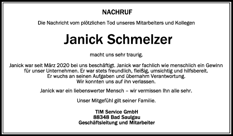  Traueranzeige für Janick Schmelzer vom 16.01.2021 aus Schwäbische Zeitung