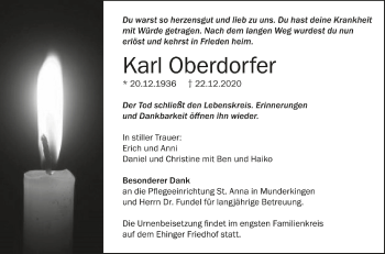 Anzeige von Karl Oberdorfer von Schwäbische Zeitung