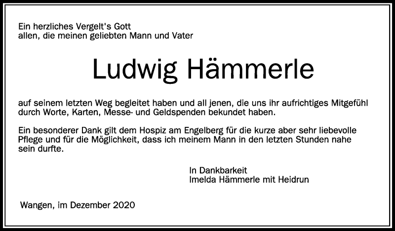  Traueranzeige für Ludwig Hämmerle vom 09.01.2021 aus Schwäbische Zeitung