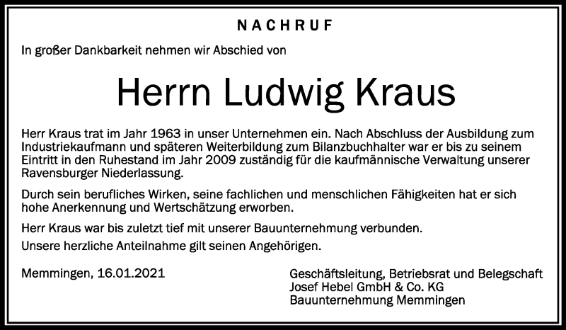  Traueranzeige für Ludwig Kraus vom 16.01.2021 aus Schwäbische Zeitung