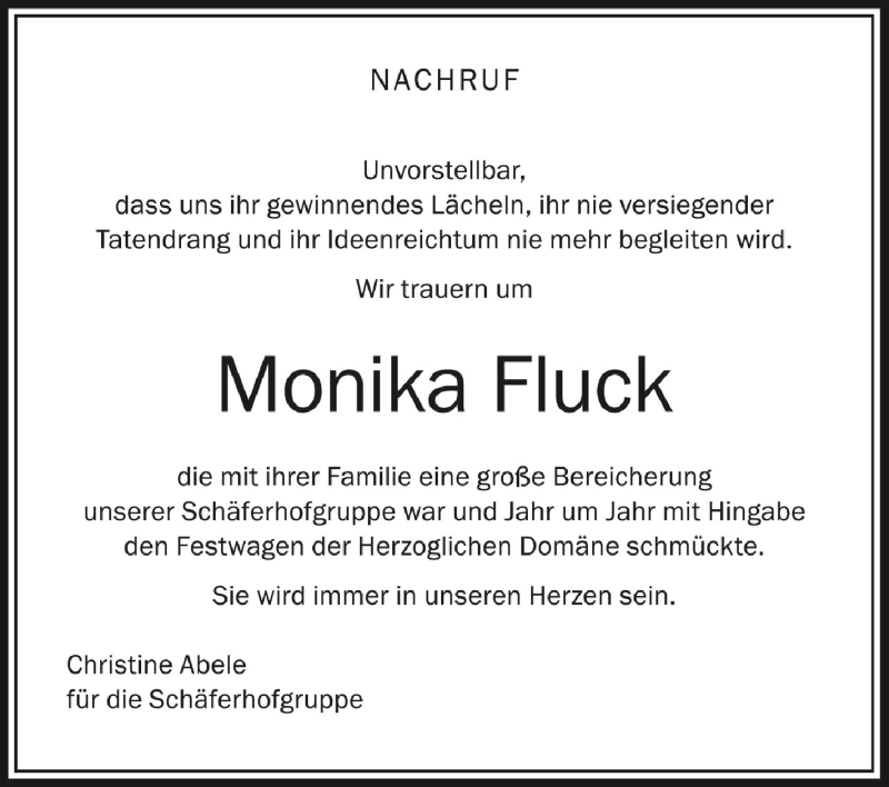  Traueranzeige für Monika Fluck vom 16.01.2021 aus Schwäbische Zeitung