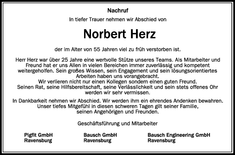  Traueranzeige für Norbert Herz vom 09.01.2021 aus Schwäbische Zeitung