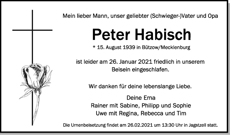  Traueranzeige für Peter Habisch vom 30.01.2021 aus Schwäbische Zeitung