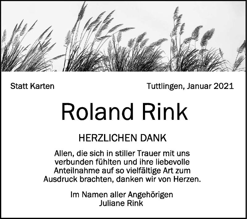  Traueranzeige für Roland Rink vom 21.01.2021 aus Schwäbische Zeitung