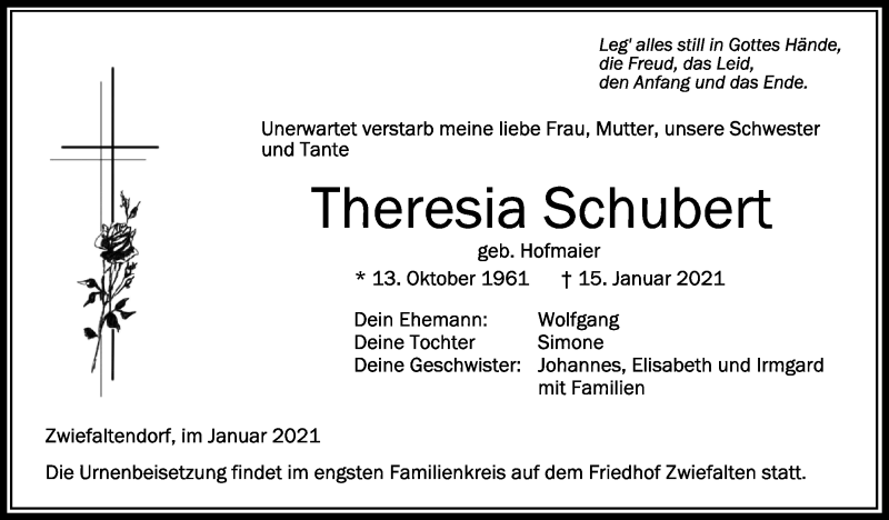  Traueranzeige für Theresia Schubert vom 23.01.2021 aus Schwäbische Zeitung