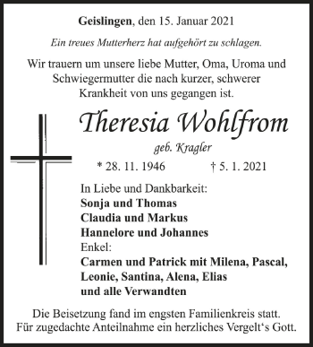 Anzeige von Theresia Wohlfrom von Schwäbische Zeitung