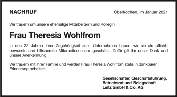 Anzeige von Theresia Wohlfrom von Schwäbische Zeitung