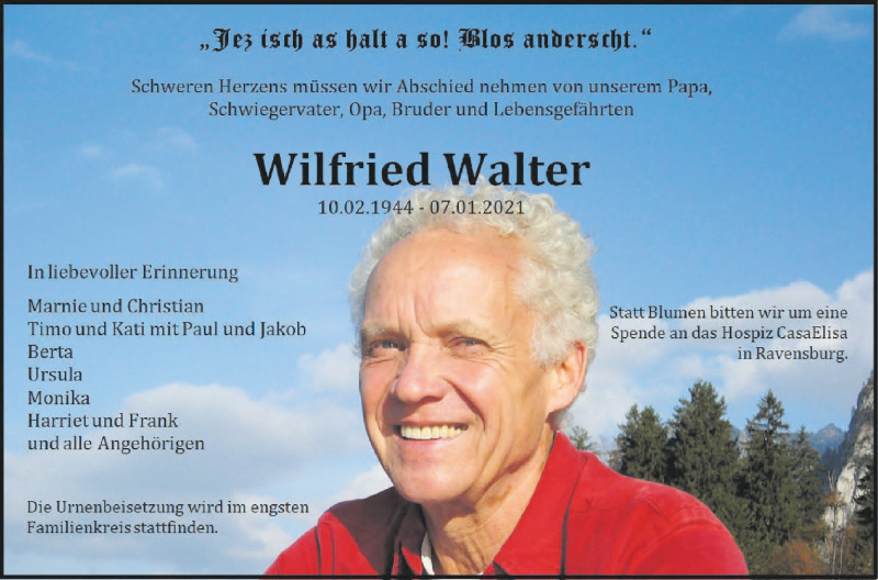  Traueranzeige für Wilfried Walter vom 12.01.2021 aus Schwäbische Zeitung