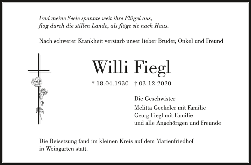  Traueranzeige für Willi Fiegl vom 30.01.2021 aus Schwäbische Zeitung