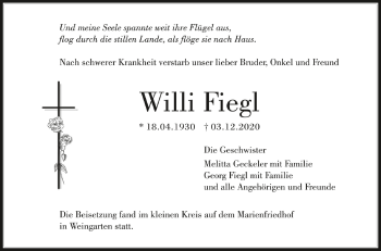 Anzeige von Willi Fiegl von Schwäbische Zeitung