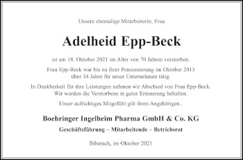 Anzeige von Adelheid Epp-Beck von Schwäbische Zeitung