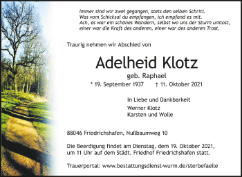 Anzeige von Adelheid Klotz von Schwäbische Zeitung