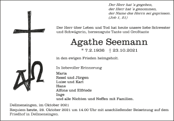 Anzeige von Agathe Seemann von Schwäbische Zeitung
