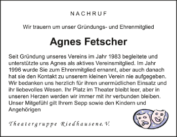 Anzeige von Agnes Fetscher von Schwäbische Zeitung