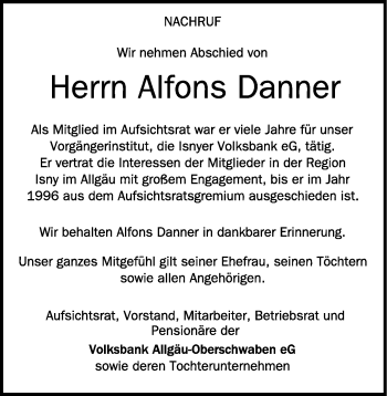 Anzeige von Alfons Danner von Schwäbische Zeitung