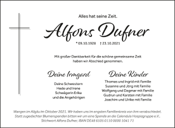 Anzeige von Alfons Dufner von Schwäbische Zeitung