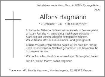 Anzeige von Alfons Hagmann von Schwäbische Zeitung