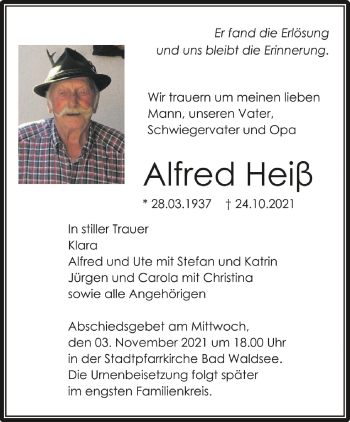 Anzeige von Alfred Heiß von Schwäbische Zeitung