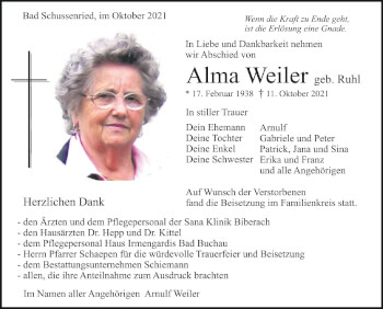 Anzeige von Alma Weiler von Schwäbische Zeitung