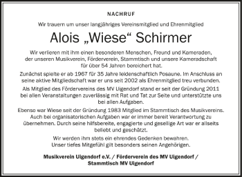 Anzeige von Alois Schirmer von Schwäbische Zeitung