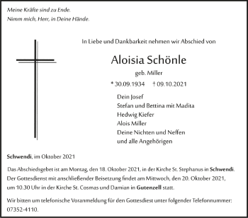 Anzeige von Aloisia Schönle von Schwäbische Zeitung