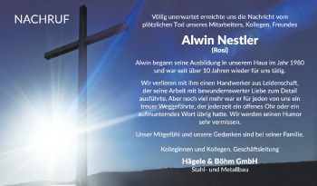 Anzeige von Alwin Nestler von Schwäbische Zeitung