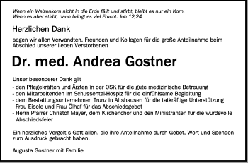 Anzeige von Andrea Gostner von Schwäbische Zeitung