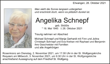 Anzeige von Angelika Schnepf von Schwäbische Zeitung