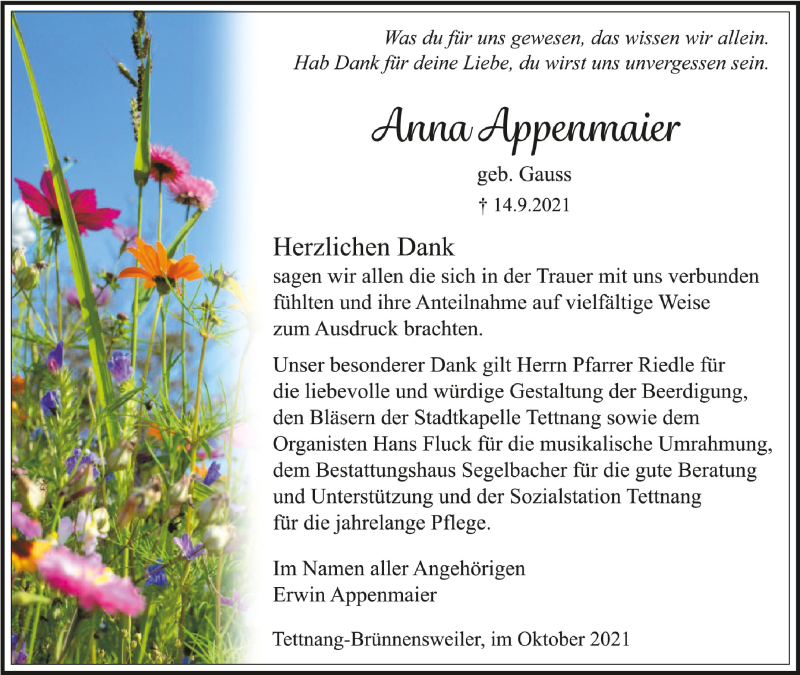  Traueranzeige für Anna Appenmaier vom 02.10.2021 aus Schwäbische Zeitung