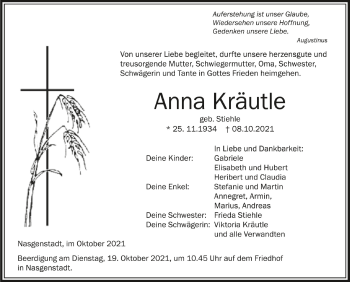 Anzeige von Anna Kräutle von Schwäbische Zeitung