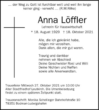 Anzeige von Anna Löffler von Schwäbische Zeitung