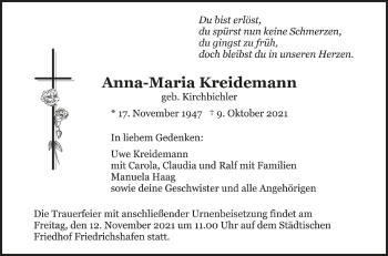 Anzeige von Anna-Maria Kreidemann von Schwäbische Zeitung