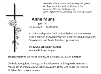 Anzeige von Anne Munz von Schwäbische Zeitung