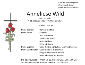 Anzeige von Anneliese Wild von Schwäbische Zeitung