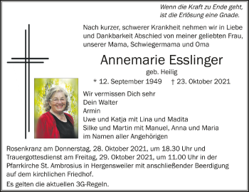 Anzeige von Annemarie Esslinger von Schwäbische Zeitung