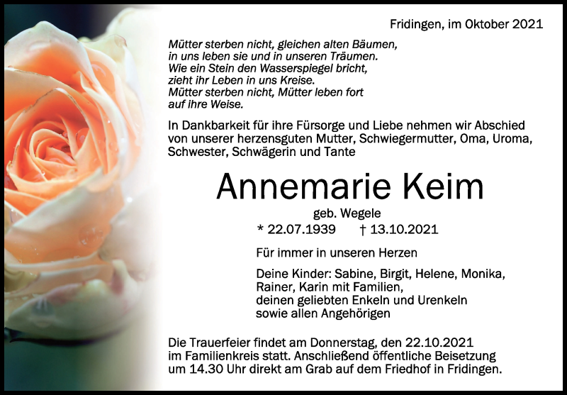  Traueranzeige für Annemarie Keim vom 16.10.2021 aus Schwäbische Zeitung