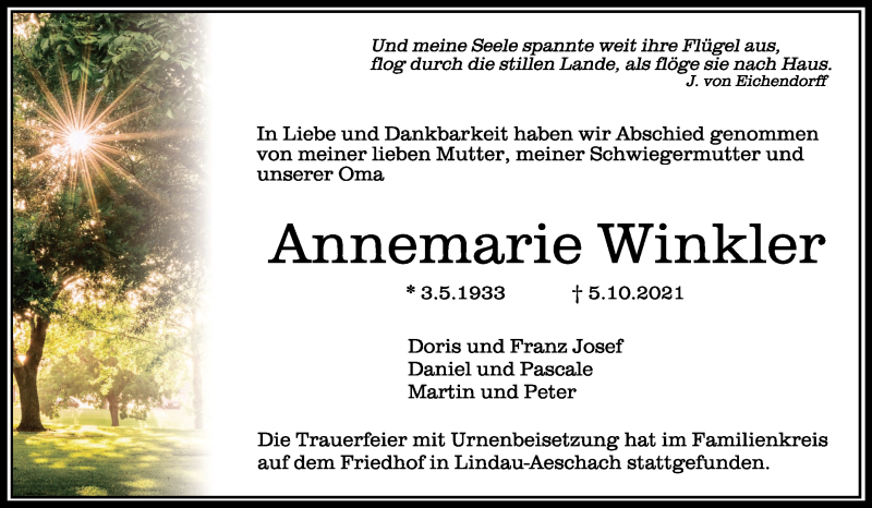  Traueranzeige für Annemarie Winkler vom 16.10.2021 aus Schwäbische Zeitung