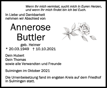 Anzeige von Annerose Buttler von Schwäbische Zeitung
