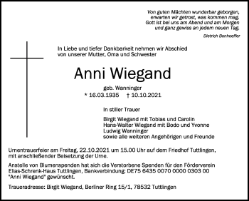 Anzeige von Anni Wiegand von Schwäbische Zeitung