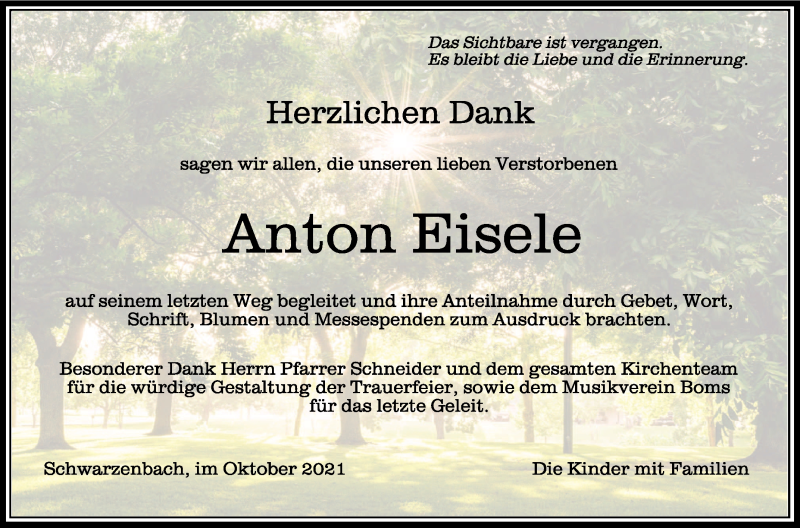  Traueranzeige für Anton Eisele vom 08.10.2021 aus Schwäbische Zeitung