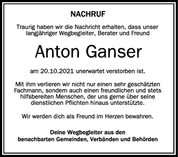 Anzeige von Anton Ganser von Schwäbische Zeitung
