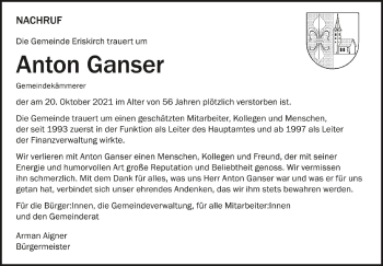 Anzeige von Anton Ganser von Schwäbische Zeitung