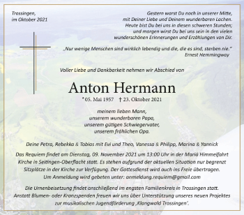 Anzeige von Anton Hermann von Schwäbische Zeitung