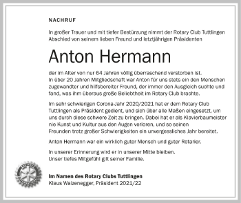 Anzeige von Anton Hermann von Schwäbische Zeitung