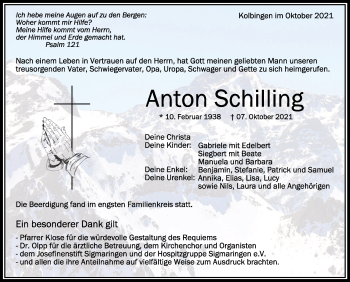 Anzeige von Anton Schilling von Schwäbische Zeitung