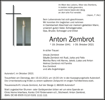 Anzeige von Anton Zembrot von Schwäbische Zeitung