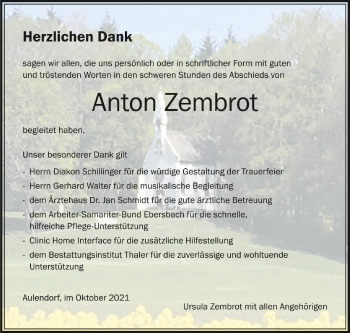 Anzeige von Anton Zembrot von Schwäbische Zeitung