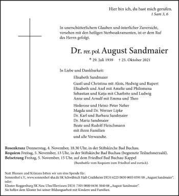 Anzeige von August Sandmaier von Schwäbische Zeitung