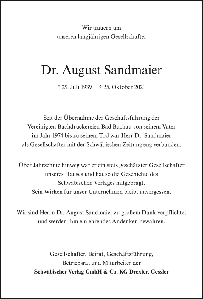  Traueranzeige für August Sandmaier vom 30.10.2021 aus Schwäbische Zeitung